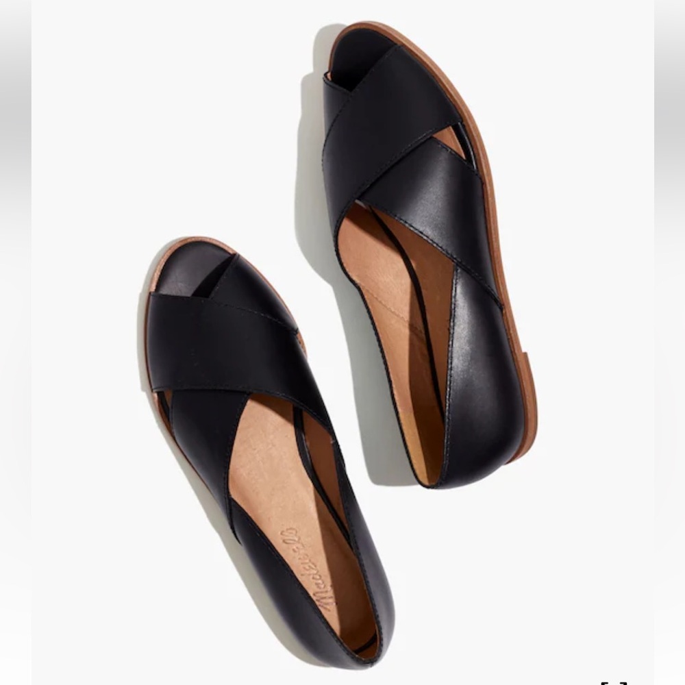 Madewell The Blaine Crisscross Flat Black Leather Open Toe Flats Size 7.5 - Picture 1 of 16